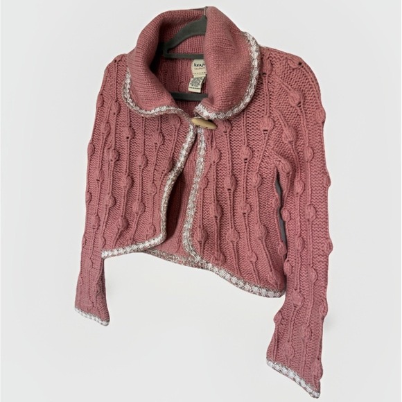 Kenji Handknit Small Pink Cropped Cable Knit Cardigan Shawl Collar Cottagecore - Picture 2 of 7